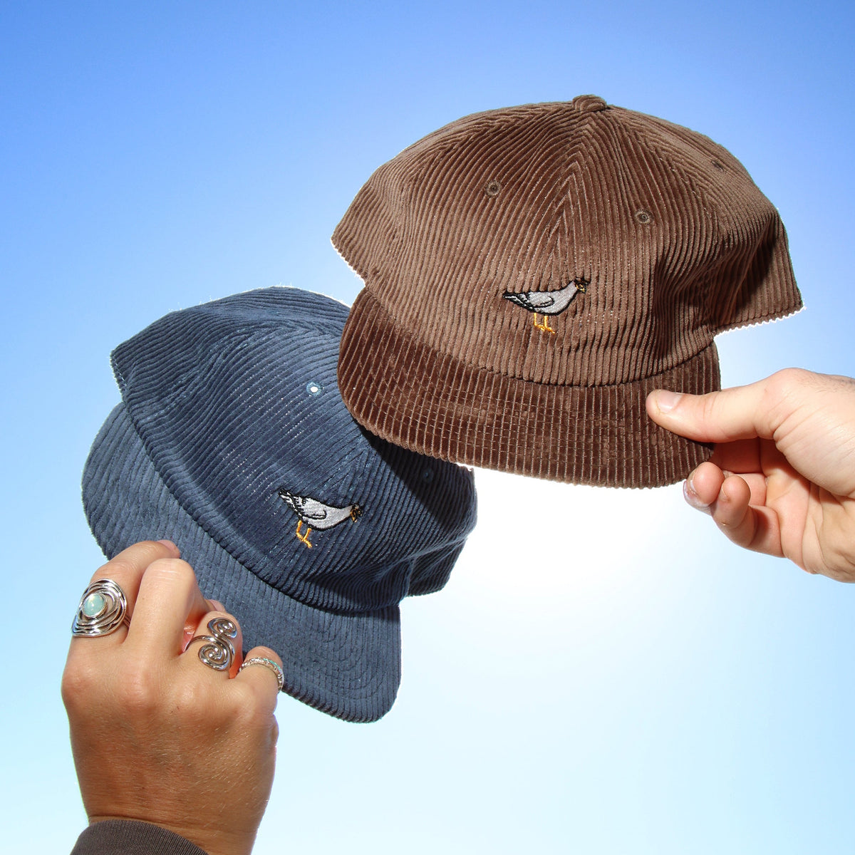 Two hats, one blue and one brown, held by hands against a clear blue sky.